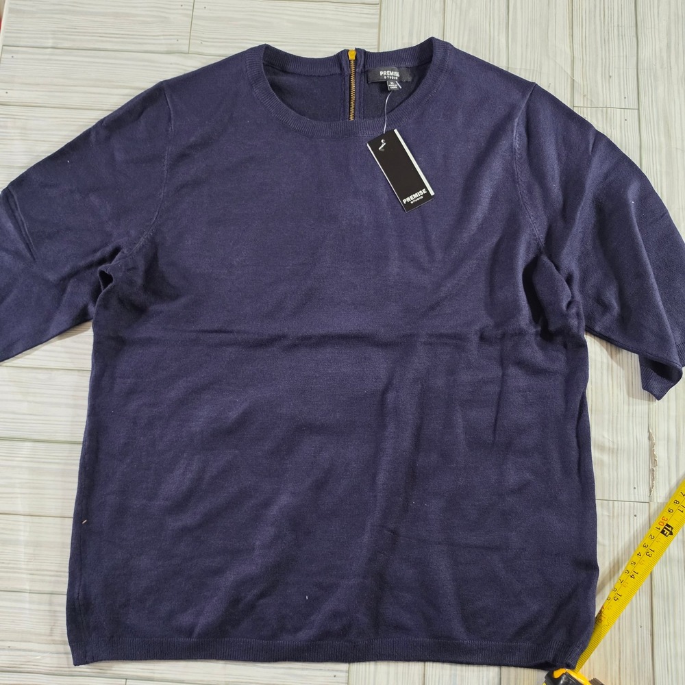 Premise Studio Women Navy Blue Short Sleeve Back Zip Knit Sweater XL NWT